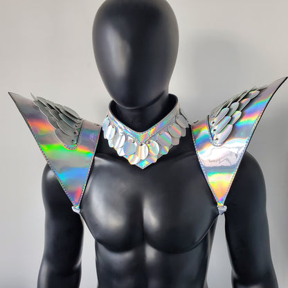 Burning Man Holographic Laser Silver Dragon Scale Armor, Rave Shoulder Piece Armor EDM Festival Outfit