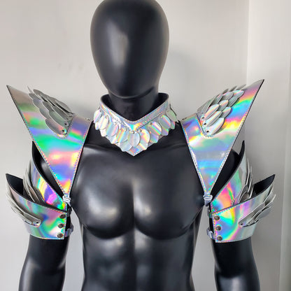 Burning Man Holographic Rave Laser Silver Dragon Scale Arm & Shoulder Piece Armor EDM Festival Outfit