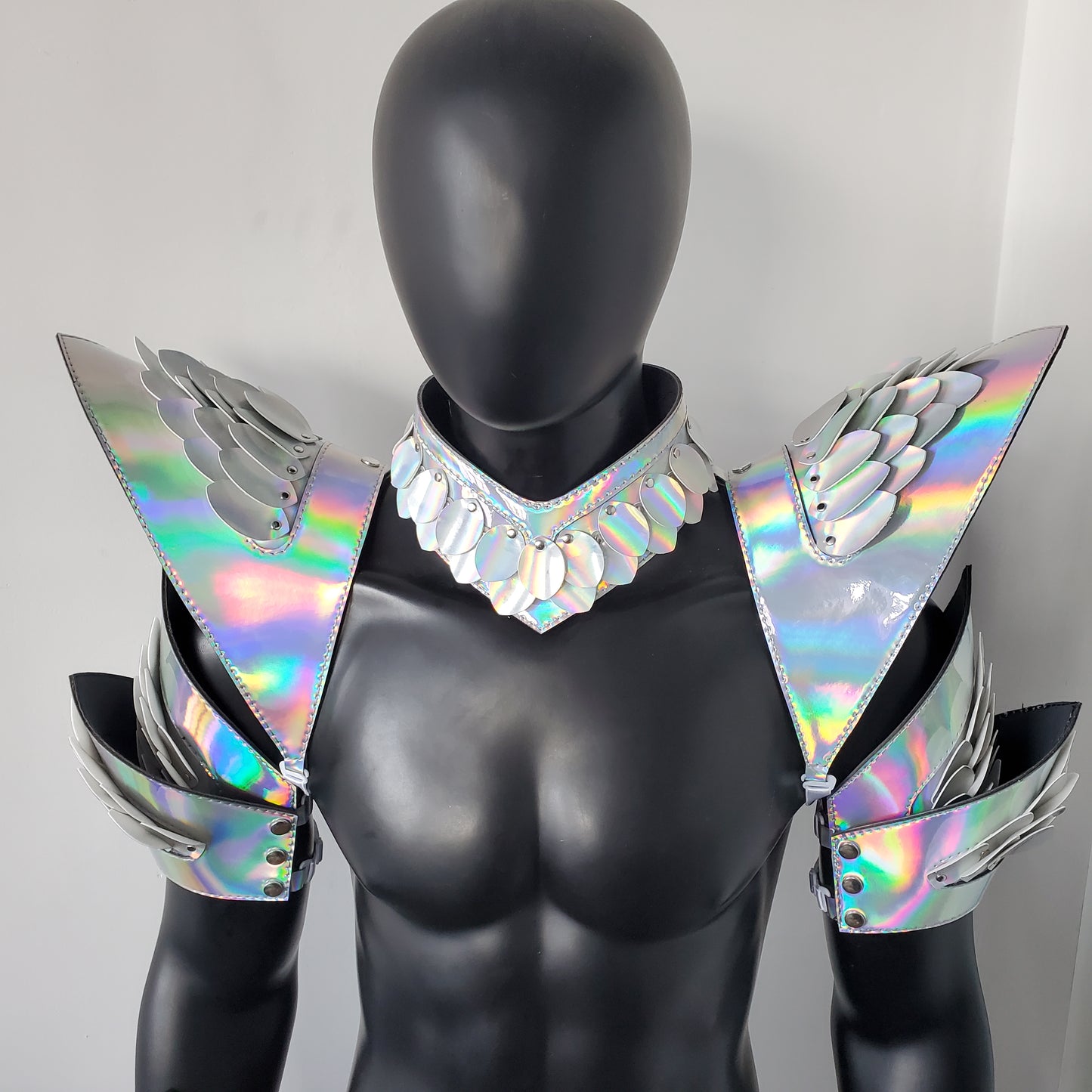 Burning Man Holographic Rave Laser Silver Dragon Scale Arm & Shoulder Piece Armor EDM Festival Outfit