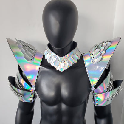 Burning Man Holographic Rave Laser Silver Dragon Scale Arm & Shoulder Piece Armor EDM Festival Outfit