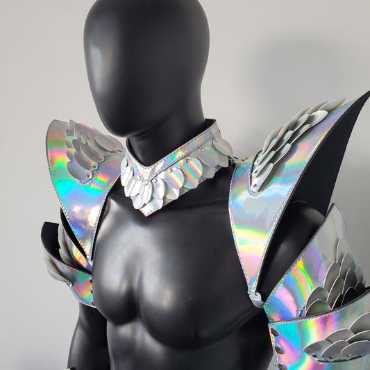 Burning Man Holographic Rave Laser Silver Dragon Scale Arm & Shoulder Piece Armor EDM Festival Outfit