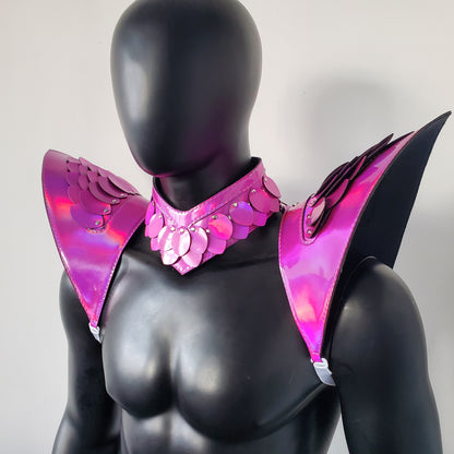 Burning Man Holographic Laser Rosered Dragon Scale Armor, Rave Shoulder Piece Armor EDM Festival Outfit