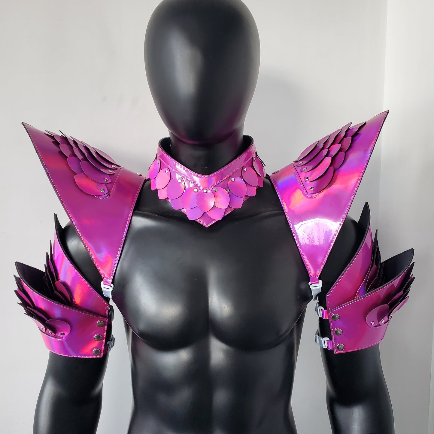 Burning Man Holographic Rave Laser Rosered Dragon Scale Arm & Shoulder Piece Armor EDM Festival Outfit