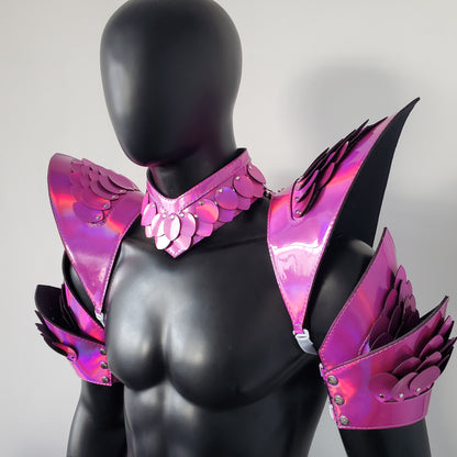 Burning Man Holographic Rave Laser Rosered Dragon Scale Arm & Shoulder Piece Armor EDM Festival Outfit