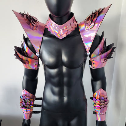 Burning Man holografische Laser-Pink-Drachenschuppen-Rüstung, Rave-Schulterstück, Festival-Choker-Umhang, Schulterpolster, Karneval, Festival, Kostüme, Kleidung, Outfits