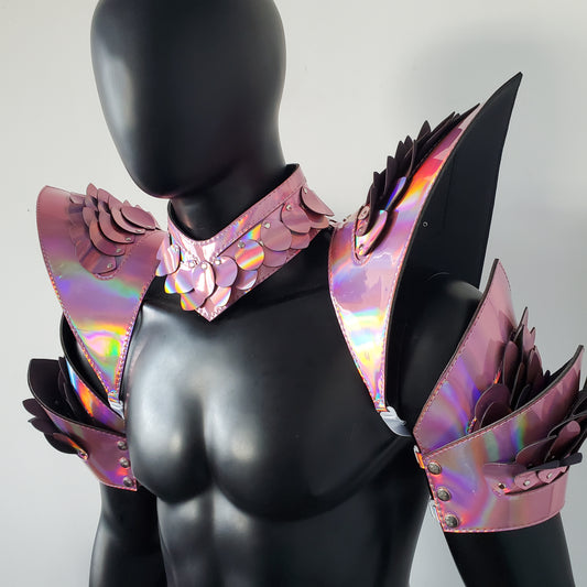 Burning Man Holographic Rave Laser Pink Dragon Scale Arm & Shoulder Piece Armor EDM Festival Outfit