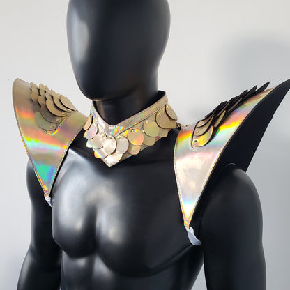 Burning Man Holographic Laser Gold Dragon Scale Armor, Rave Shoulder Piece Armor EDM Festival Outfit