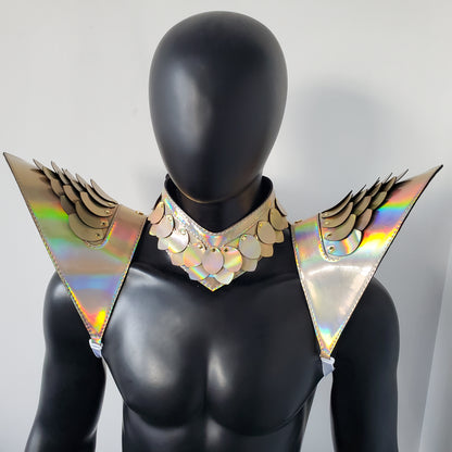 Burning Man Holographic Laser Gold Dragon Scale Armor, Rave Shoulder Piece Armor EDM Festival Outfit