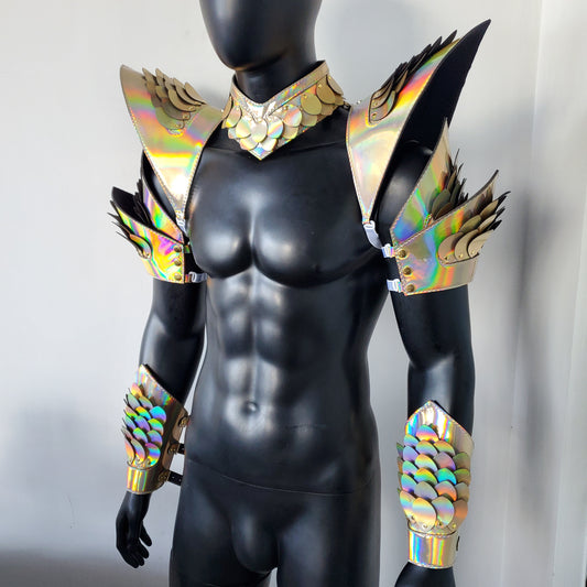 Burning Man Holographic Laser Gold Dragon Scale Armor,Rave Carnival Festival Costumes Armor Outfits