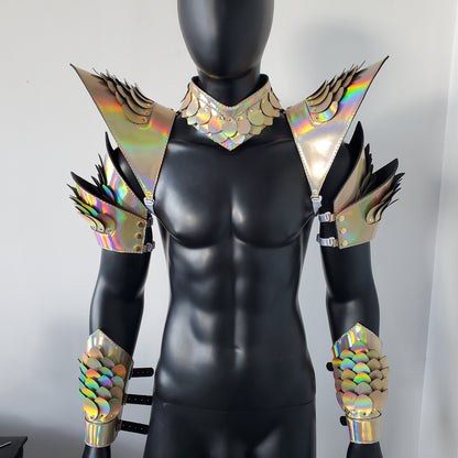 Burning Man Armure holographique en écailles de dragon doré au laser, pièce d'épaule rave, cape ras du cou du festival, épaulettes, costumes de festival de carnaval, tenues de vêtements