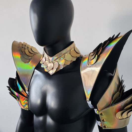 Burning Man Holographic Rave Laser Gold Dragon Scale Arm & Shoulder Piece Armor EDM Festival Outfit