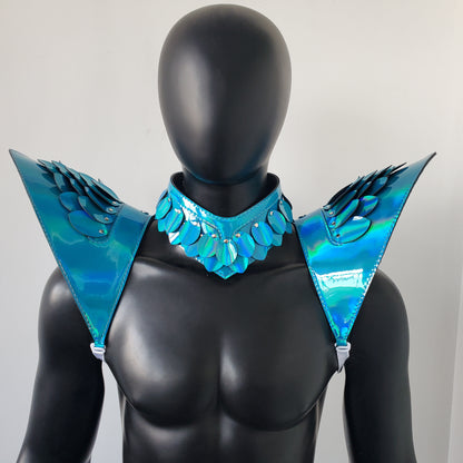 Burning Man Holographic Laser Blue Dragon Scale Armor, Rave Shoulder Piece Armor EDM Festival Outfit