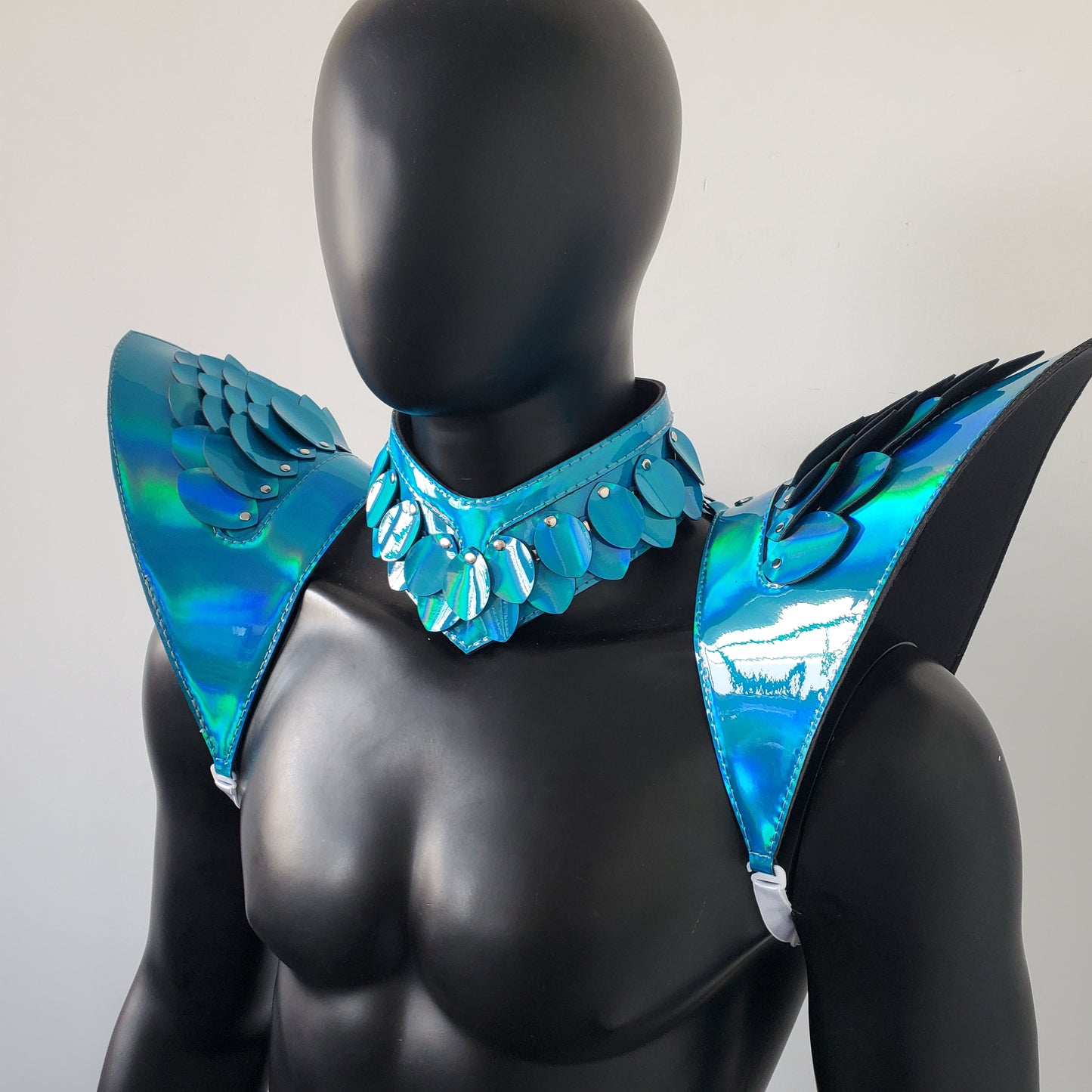 Burning Man Holographic Laser Blue Dragon Scale Armor, Rave Shoulder Piece Armor EDM Festival Outfit