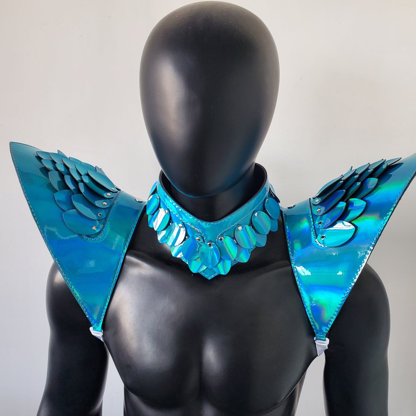 Burning Man Holographic Laser Blue Dragon Scale Armor, Rave Shoulder Piece Armor EDM Festival Outfit