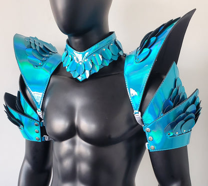 Burning Man Holographic Rave Laser Blue Dragon Scale Arm & Shoulder Piece Armor EDM Festival Outfit