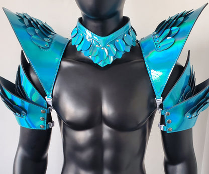 Burning Man Holographic Rave Laser Blue Dragon Scale Arm & Shoulder Piece Armor EDM Festival Outfit