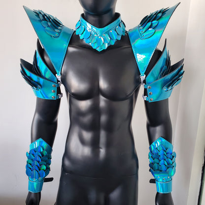 Burning Man Holographic Laser Blue Dragon Scale Rüstung, Rave Schulterstück, Festival Choker Cape, Schulterpolster Karneval Festival Kostüme Kleidung Outfits