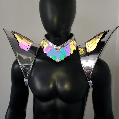 Burning Man Holographic Silver Edge ReflectiveDragon Scale Shoulder Piece Armor EDM Festival Outfit