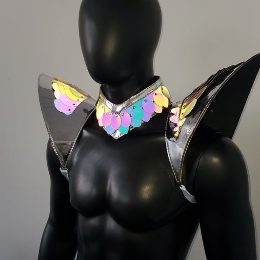 Burning Man Holographic Silver Edge ReflectiveDragon Scale Shoulder Piece Armor EDM Festival Outfit