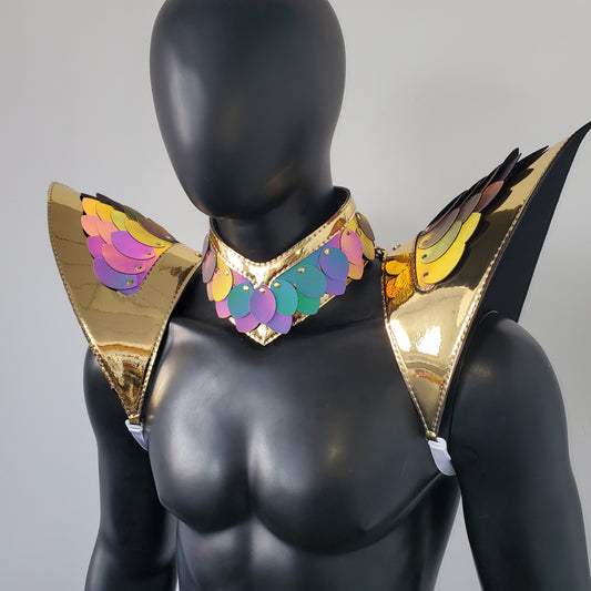 Burning Man Holographic Gold Edge ReflectiveDragon Scale Armor, Rave Shoulder Piece Armor EDM Festival Outfit