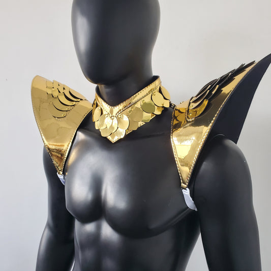 Burning Man Holographic Gold Dragon Scale Armor, Shoulder Piece Armor EDM Festival Outfit