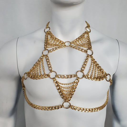 Rave Gold Men Body Chest Chain Harness, Burning Man Festival Chain Body Harness