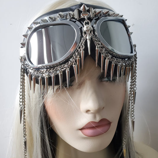 Rave Streampunk Burning Man Festival Chain Skull Bird Head Spike Costume Cyber Goth Masquerade Goggles