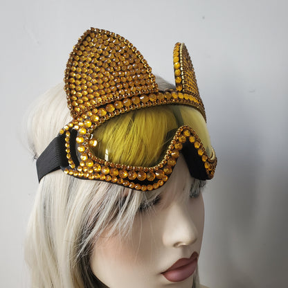 Holographic Gold  Rhinestone Rave Cat Burning Man Festival Mask Costume Headpiece Cyber Goggles  Headdress