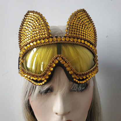 Holographic Gold  Rhinestone Rave Cat Burning Man Festival Mask Costume Headpiece Cyber Goggles  Headdress