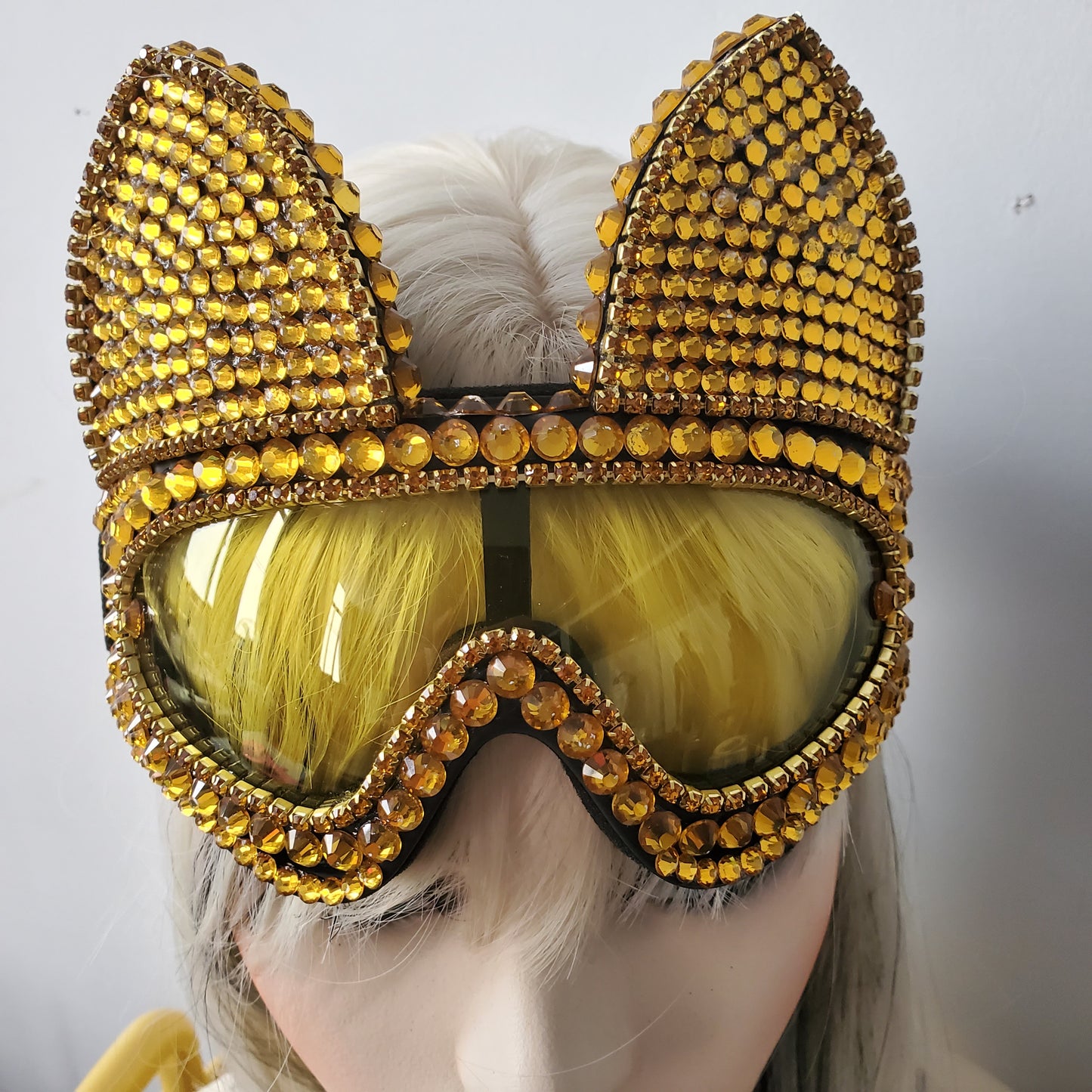 Holographic Gold  Rhinestone Rave Cat Burning Man Festival Mask Costume Headpiece Cyber Goggles  Headdress