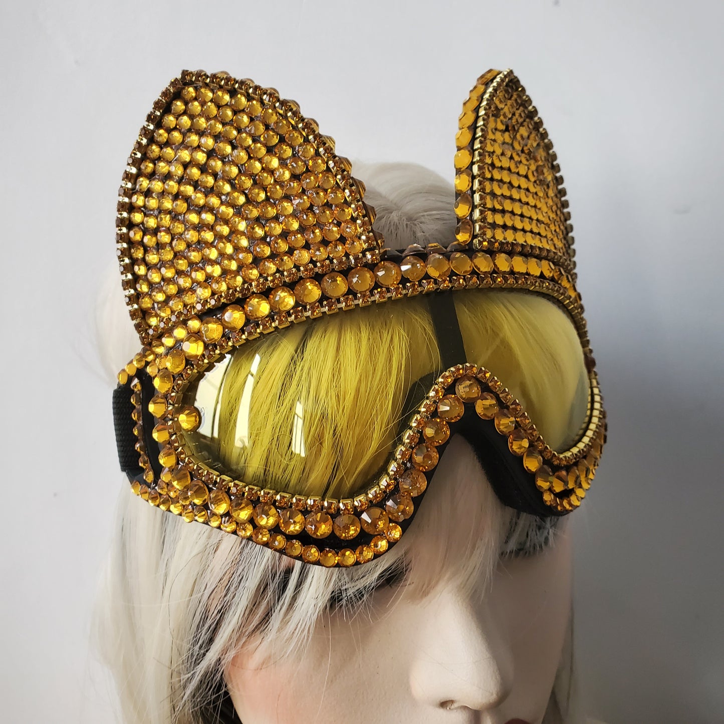 Holographic Gold  Rhinestone Rave Cat Burning Man Festival Mask Costume Headpiece Cyber Goggles  Headdress