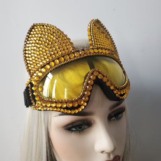 Holographic Gold  Rhinestone Rave Cat Burning Man Festival Mask Costume Headpiece Cyber Goggles  Headdress