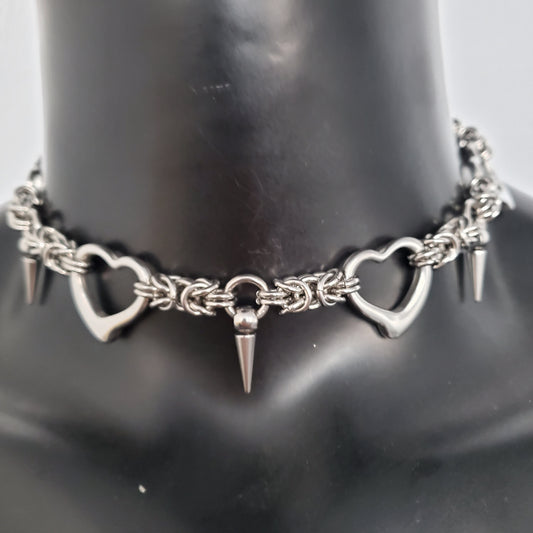 Mens + Womens Silver Stainless Steel Spike Pendant Necklace, Heart Ring Necklace