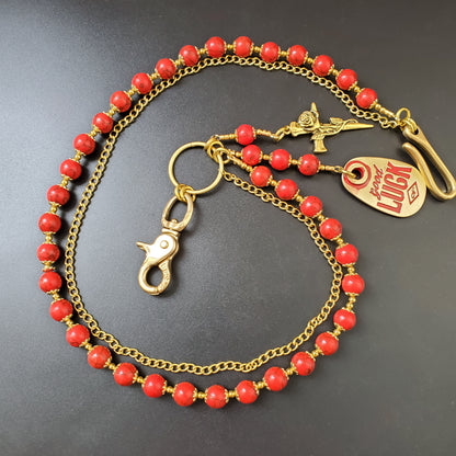 Red Cracked Stone Round Beads Wallet Gold Chain,Jeans Chain,Handmade Gothiic Punk Pants Chain,Biker Wallet Chain