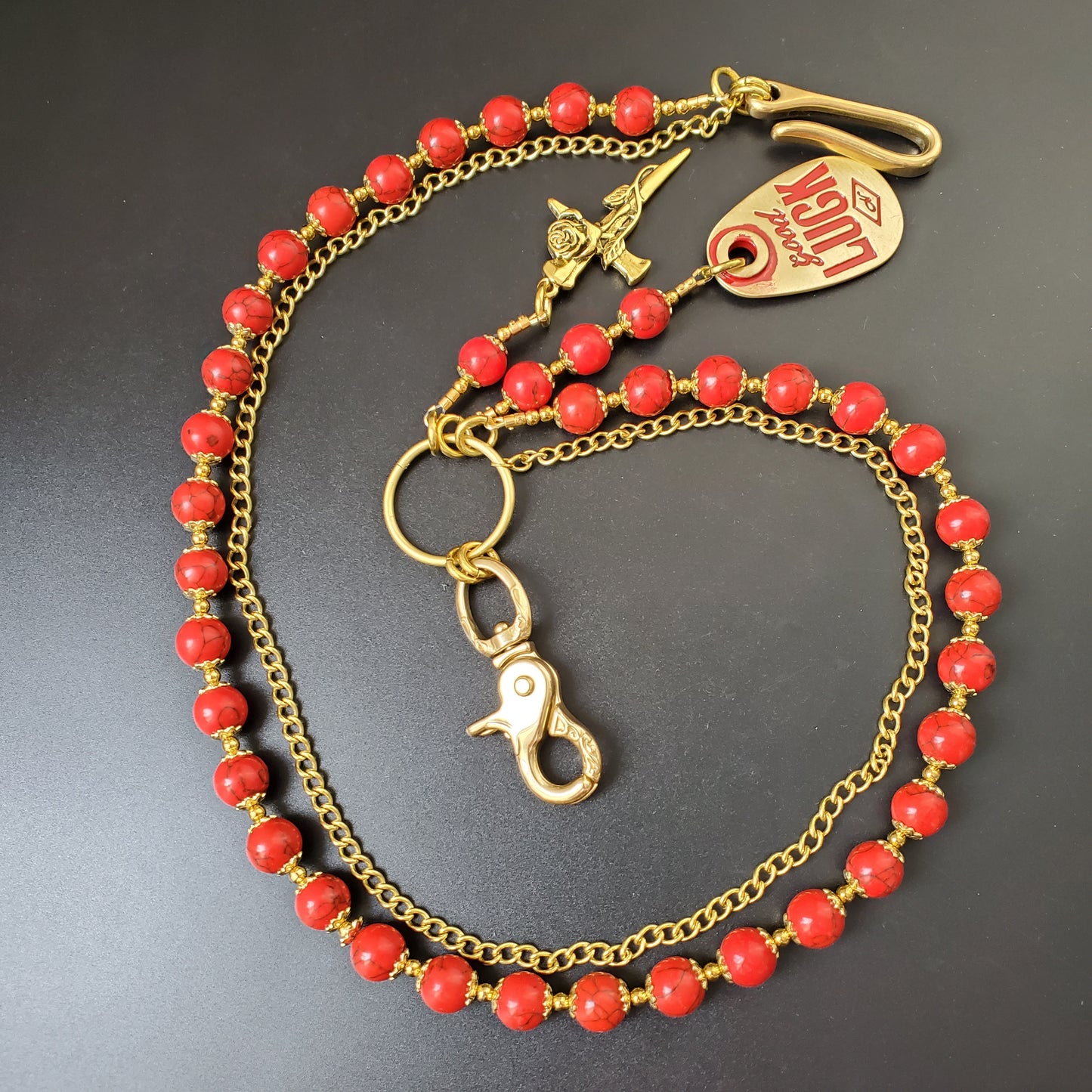 Red Cracked Stone Round Beads Wallet Gold Chain,Jeans Chain,Handmade Gothiic Punk Pants Chain,Biker Wallet Chain