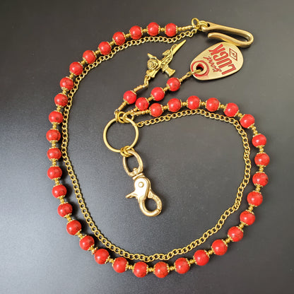 Red Cracked Stone Round Beads Wallet Gold Chain,Jeans Chain,Handmade Gothiic Punk Pants Chain,Biker Wallet Chain