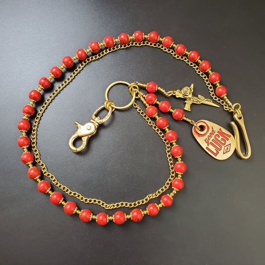 Red Cracked Stone Round Beads Wallet Gold Chain,Jeans Chain,Handmade Gothiic Punk Pants Chain,Biker Wallet Chain