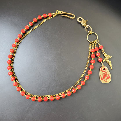 Red Cracked Stone Round Beads Wallet Gold Chain,Jeans Chain,Handmade Gothiic Punk Pants Chain,Biker Wallet Chain