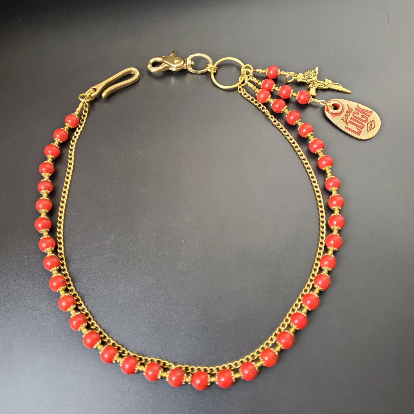 Red Cracked Stone Round Beads Wallet Gold Chain,Jeans Chain,Handmade Gothiic Punk Pants Chain,Biker Wallet Chain