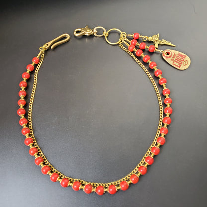 Red Cracked Stone Round Beads Wallet Gold Chain,Jeans Chain,Handmade Gothiic Punk Pants Chain,Biker Wallet Chain