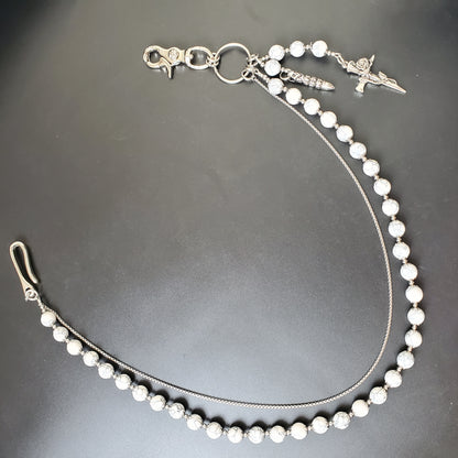 White Cracked Stone Round Beads Wallet Silver Chain,Jeans Chain,Handmade Gothiic Punk Pants Chain,Biker Wallet Chain