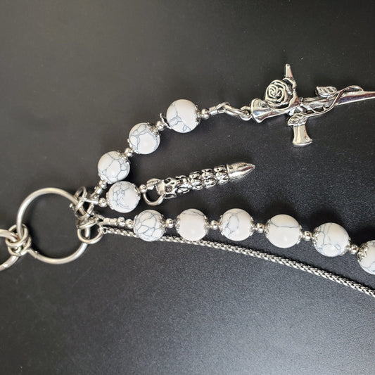 White Cracked Stone Round Beads Wallet Silver Chain,Jeans Chain,Handmade Gothiic Punk Pants Chain,Biker Wallet Chain