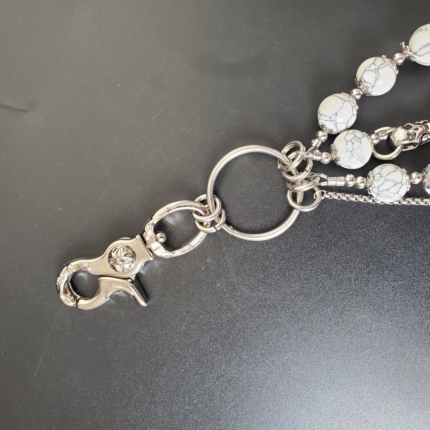 White Cracked Stone Round Beads Wallet Silver Chain,Jeans Chain,Handmade Gothiic Punk Pants Chain,Biker Wallet Chain
