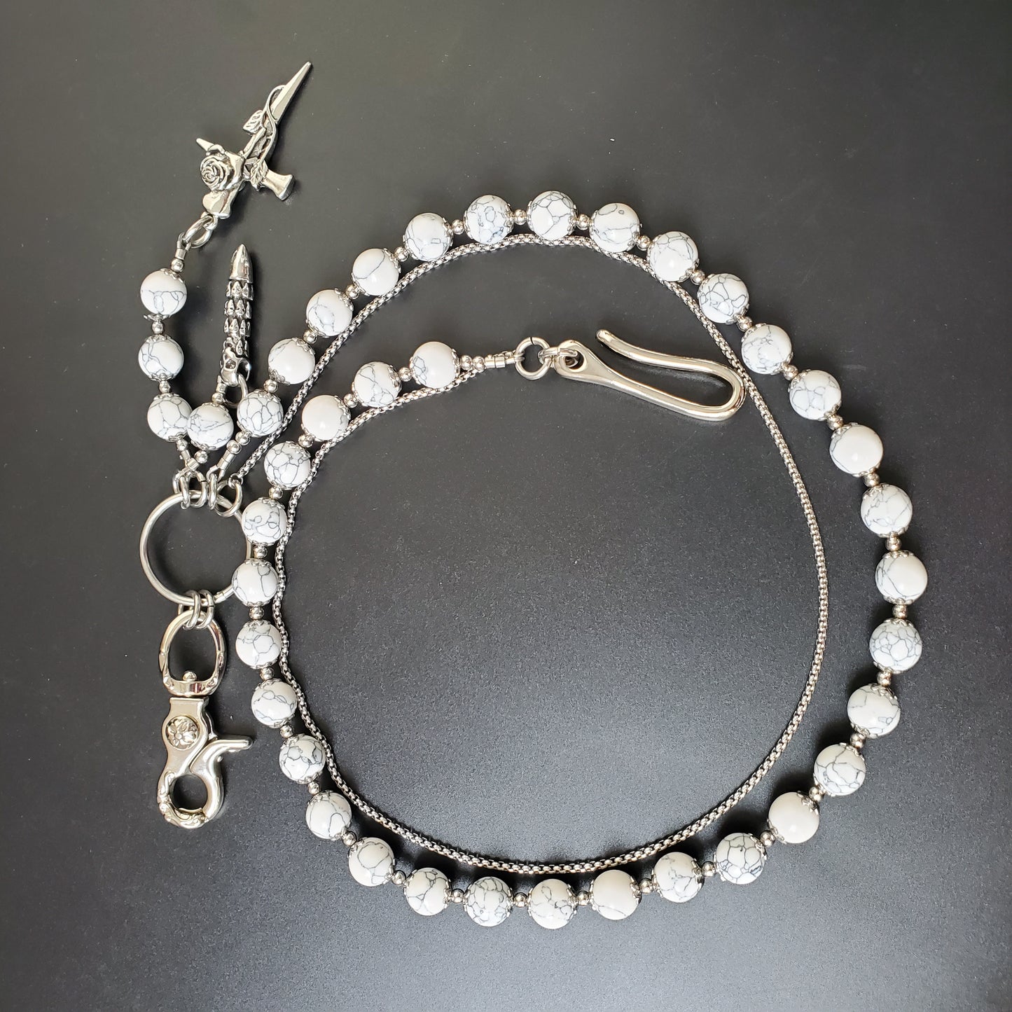 White Cracked Stone Round Beads Wallet Silver Chain,Jeans Chain,Handmade Gothiic Punk Pants Chain,Biker Wallet Chain