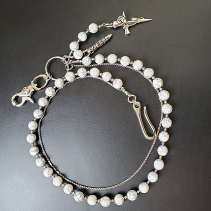 White Cracked Stone Round Beads Wallet Silver Chain,Jeans Chain,Handmade Gothiic Punk Pants Chain,Biker Wallet Chain