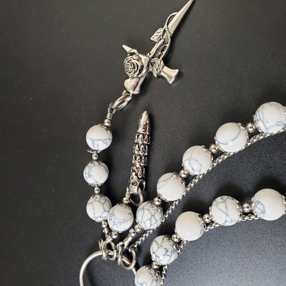 White Cracked Stone Round Beads Wallet Silver Chain,Jeans Chain,Handmade Gothiic Punk Pants Chain,Biker Wallet Chain