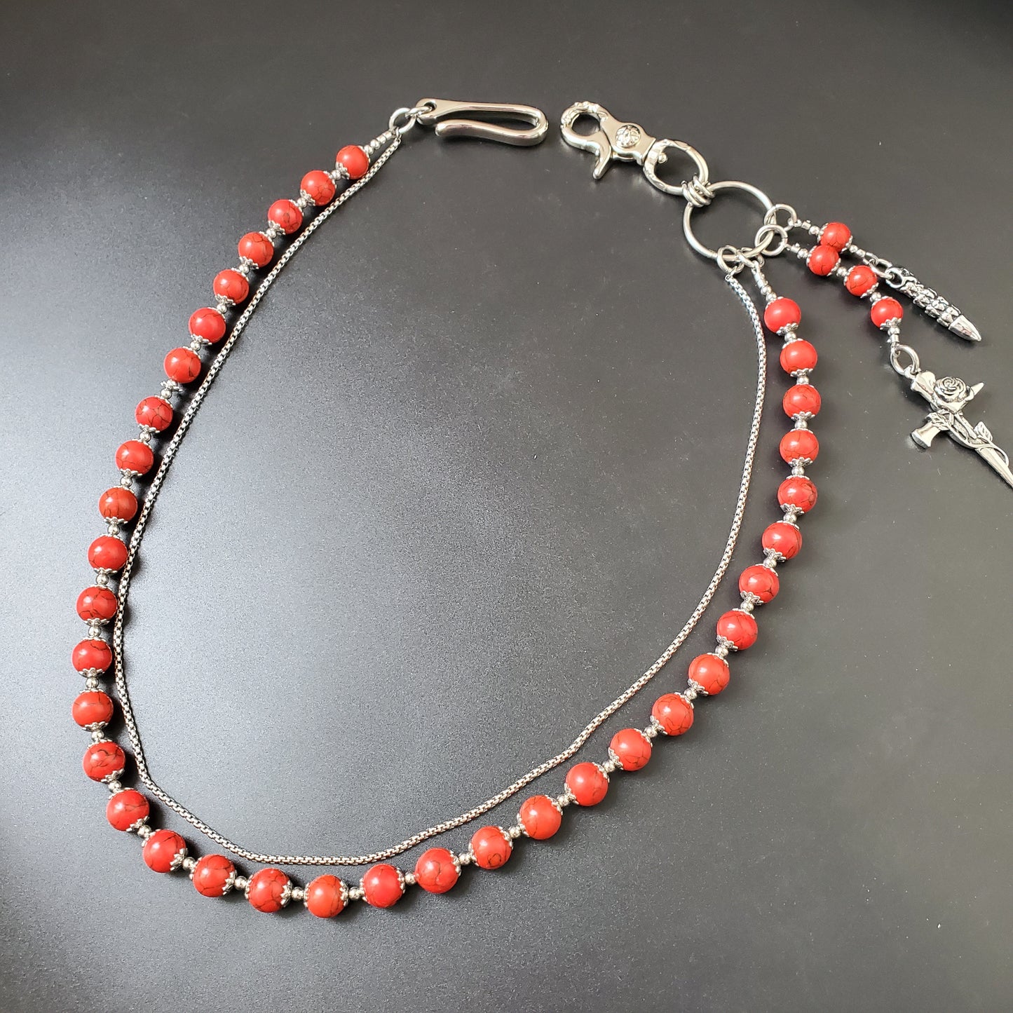 Red Cracked Stone Round Beads Wallet Silver Chain,Jeans Chain,Handmade Gothiic Punk Pants Chain,Biker Wallet Chain
