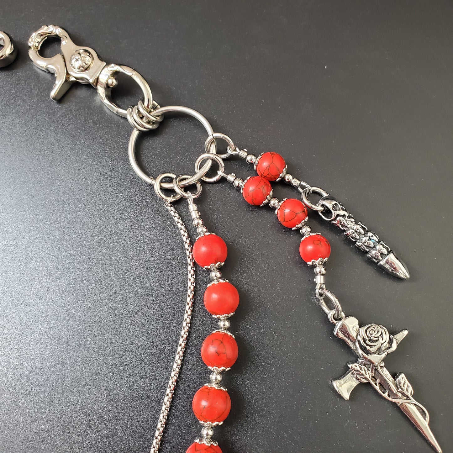Red Cracked Stone Round Beads Wallet Silver Chain,Jeans Chain,Handmade Gothiic Punk Pants Chain,Biker Wallet Chain