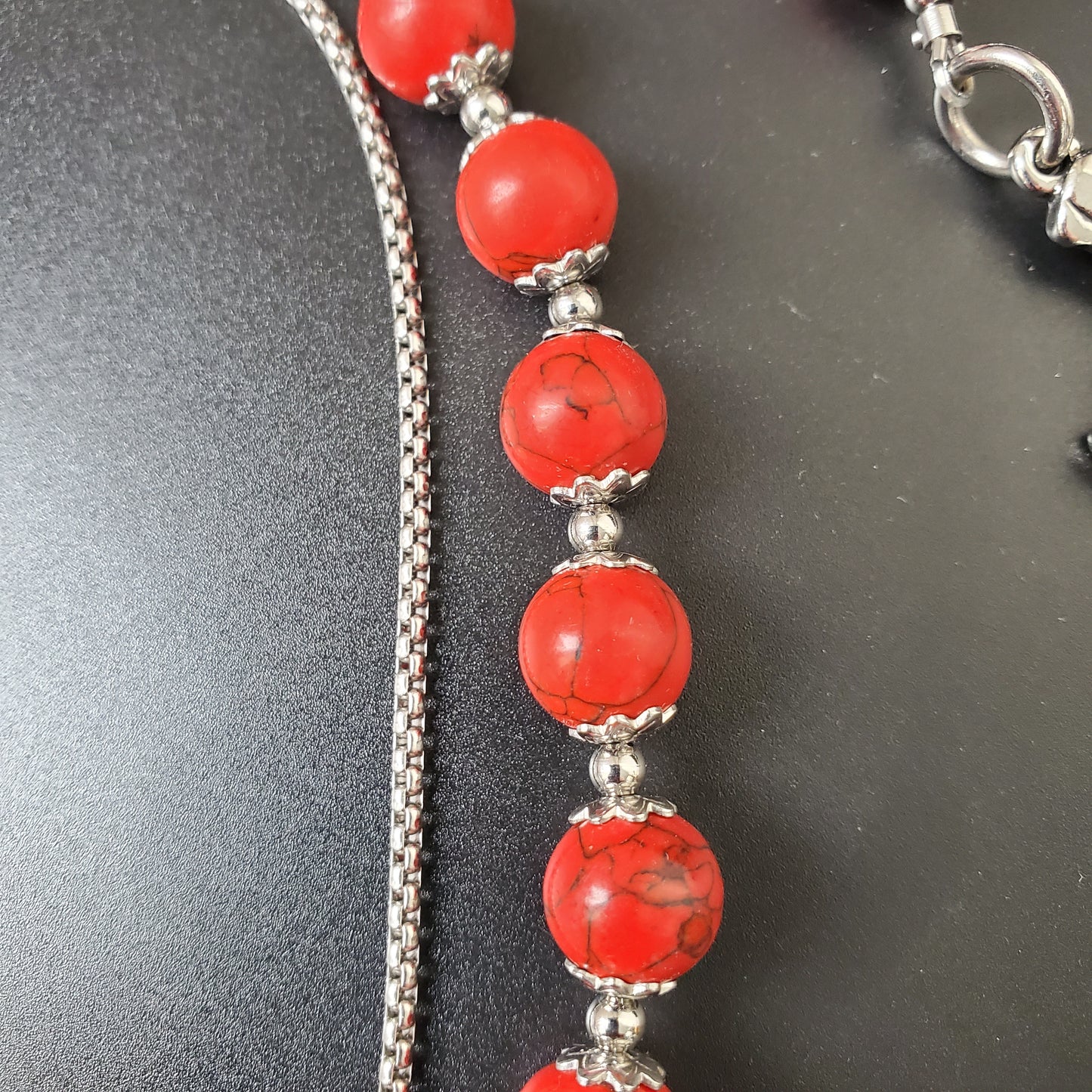 Red Cracked Stone Round Beads Wallet Silver Chain,Jeans Chain,Handmade Gothiic Punk Pants Chain,Biker Wallet Chain
