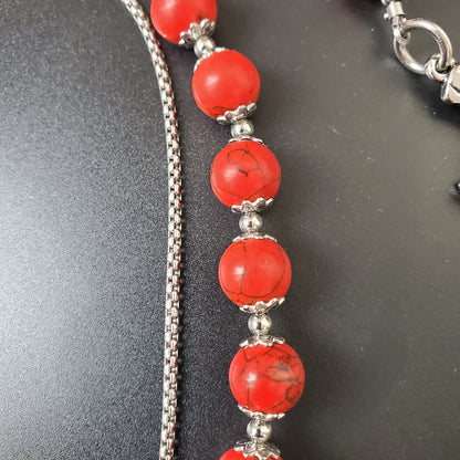 Red Cracked Stone Round Beads Wallet Silver Chain,Jeans Chain,Handmade Gothiic Punk Pants Chain,Biker Wallet Chain